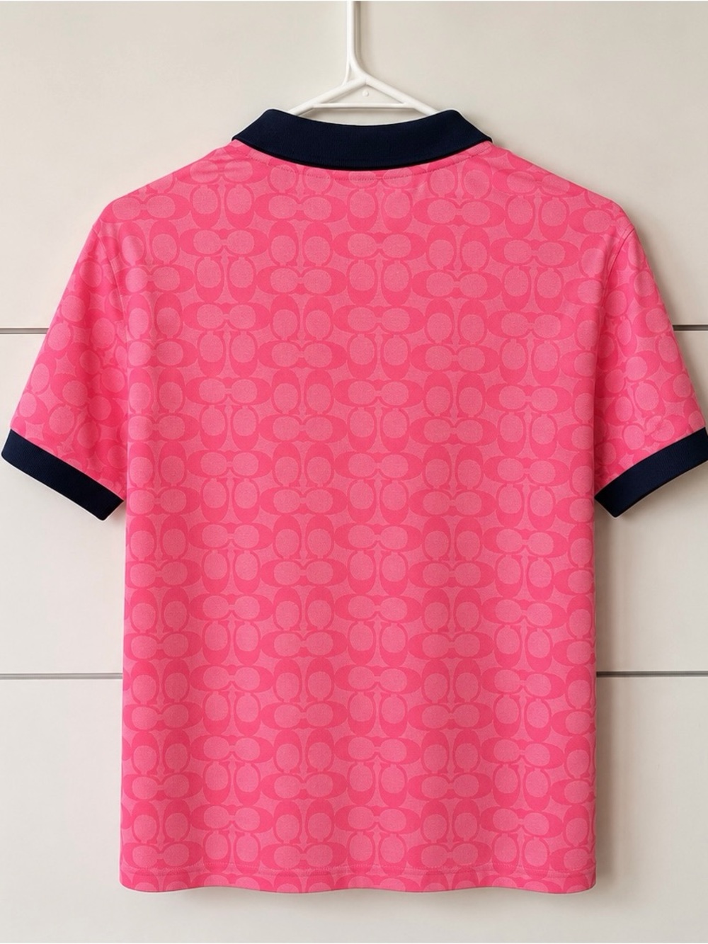 Coach women Pink Polo with Navy Trim and Signature Print - Picture 3 of 6